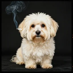 screen print only a cream colored havanese dog on smoking a cigarette portrait film grain 1 9 6 0 s - 7 0 s art low poly character painterly design