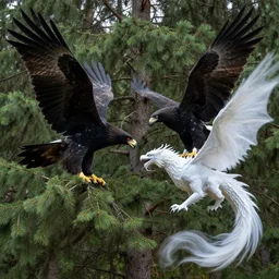 a black eagle with red eyes and an ethereal white dragon fighting each other over a spruce tree forest