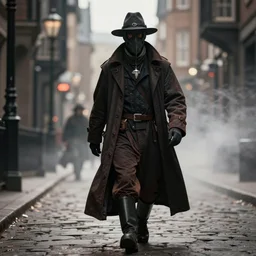 a photography of plague doctor walks through a Victorian city, trending in artstation, photo-realistic, dramatic light, bokeh effect, volumetric fog, detailed