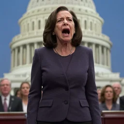 Movie still of a tired, old, and ugly Sheryl Sandberg standing up and screaming at Congress in Facebook The Movie (2017), directed by Steven Spielberg