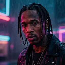 Travis Scott close up film still from Blade Runner 2049, beautiful lighting, raining, neon lights, cinematic depth, ultra sharp
