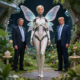 a full body portrait a beautiful cyborg fairy donal trump with a perfect body in a garden on a futuristic space station, by Edgar Maxence and Ross Tran and Michael Whelan