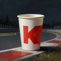 concept art, of [ white red paper cup ] placed on a race track, very close shot!!! volumetric lights!!, detailed, dark concept art, dark skies painting by wlop, nixeu and greg rutkowski, beautiful, semirealism, artstation, octane render, oil painting, sharpness, 8 k, golden ratio