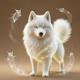 ( psychic pokemon fluffy alaskan ( white husky ) ) creature creature in a alaska, warm tones, bioluminescent bioluminescent translucent translucent : by michal karcz, daniel merriam, victo ngai and guillermo del toro : dynamic, particulate, intricate, elegant, highly detailed, centered, smooth, sharp focus, octane render, 3 d