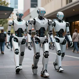 A photo of mechanical futuristic robots walking along Rundle Mall in Adelaide, Australia, High detail, realistic photo
