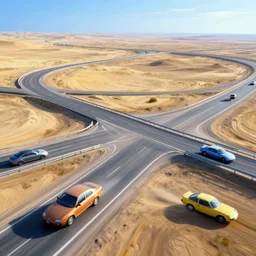 organic cars moving fast on a huge road interchange in a desolated landscape, fluid, smooth, bright colours, high contrast, sharpness, beautiful, peaceful, very detailed, intricate, volumetric lighting, by giger and corben and moebius and beksinski and bosch and bacon