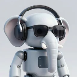 a closeup of a elephant robot with headphones and sunglasses in retro colors, synthwave style, 2 d digital vector art