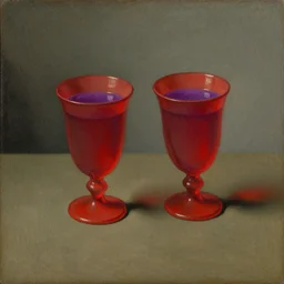 Dutch still life from the 1600s, old oil painting: Red solo cups (double cups) with a purple liquid inside