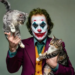 Mauricio Macri in Elaborate Joker Makeup and prosthetics designed by Rick Baker, Hyperreal, Head Shots Photographed in the Style of Annie Leibovitz, Studio Lighting, Mauricio Macri throwing cats to the camera
