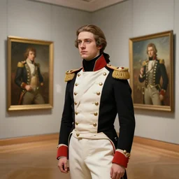 museum painting, wide - shot, photo of young yves saint - laurent in the age of 2 1, long light brown hair!!! gathered in ponytail!!, dressed in 1 8 th century black and white war - uniform of russian empire, sharp focus, highly detailed, digital art, oil painting, masterpiece, artgerm, kiprensky, rutkowski, mucha, kinkade