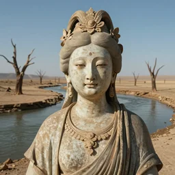 close-up of one single crying ancient dried up goddess, peaceful, facing the camera and standing in front of a dried up river in a desolate land, dead trees, blue sky, hot and sunny, highly-detailed, elegant, dramatic lighting, artstation, 4k, cinematic landscape, photograph by Elisabeth Gadd