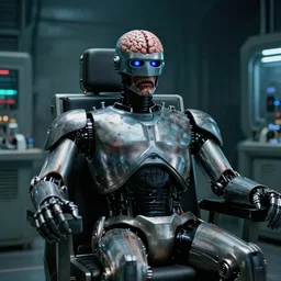 zombie infected robocop brain and eyeballs max headroom movie. breaking out of a robotic restraint chair in secret research facility. photograph from science fiction body horror movie.
