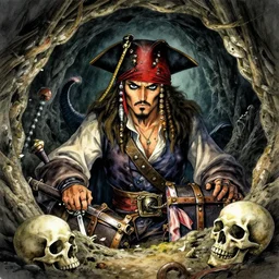 portrait, Pirate treasure buried in the cave, kraken, skulls, watercolor, dramatic lighting, cinematic, establishing shot, extremely high detail, foto realistic, cinematic lighting, pen and ink, intricate line drawings, by Yoshitaka Amano, Ruan Jia, Kentaro Miura, Artgerm, post processed, concept art, artstation, matte painting, style by eddie mendoza, raphael lacoste, alex ross