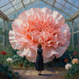 giant carnation flower head, woman standing in greenhouse, surreal photography, dramatic light, impressionist painting, digital painting, artstation, simon stalenhag