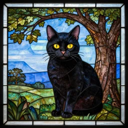 stained glass artistic portrait of a black cat under a beautiful oak tree and a blue, sunny sky, extremely detailed, trending on Artstation