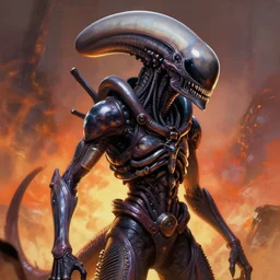 an epic fantasy comic book style portrait painting of a xenomorph, by aphex twin, unreal 5, daz, hyperrealistic, octane render, cosplay, rpg portrait, dynamic lighting, intricate detail, harvest fall vibrancy, cinematic