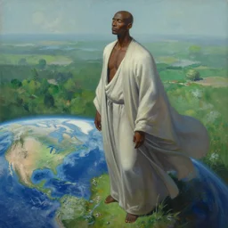 painting of a bald tall dark - skinned man wearing a flowing robe overlooking the earth, nature, eyes closed, greg rutkowski, ruan jia, trending on artstation, detailed digital art