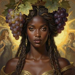 stunning goddess of wine portrait, dark skin, sun, grapes, fantasy, intricate, elegant, highly detailed, symmetrical face, digital painting, artstation, concept art, smooth, sharp focus, illustration, art by krenz cushart and artem demura and alphonse mucha