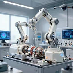 ceramicpunk age, motors, a complex thick bifurcated robotic cnc surgical arm cybernetic symbiosis hybrid mri 3 d printer machine making motors in a bio chemical lab, control panels, 4 k, large monitor screens, knobs, natural light in room, drone camera lens orbs, octane render, architectural, f 1 8,,