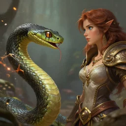 closeup 2 8 mm a snake talking to adam and eve, d & d, fantasy, intricate, action pose, particle effects, highly detailed, digital painting, artstation, concept art, matte, sharp focus, volumetric lighting, illustration, hearthstone, art by artgerm, wlop, craig mullins, alphonse mucha