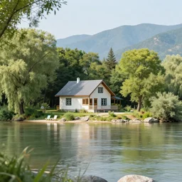 A cottage on a river bank Surrounded by trees and mountains in the background and beach chairs and trees in the foreground and