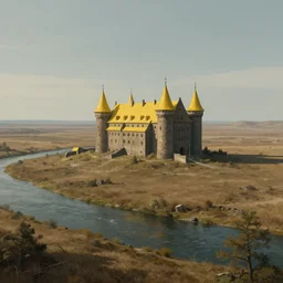 Fantasy solitary Castle on a flat plain, near a river, yellow roofs. Matte painting by Anato Finnstark and Blizzard Studio, 4k ultra detailed, great composition cinematic.