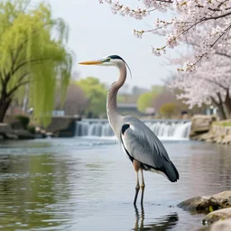 a majestic blue heron in shallow river, waterfalls in distance, left border beautiful willow, right border cherry blosom trees, lily pads bullrushes marsh clouds, golden hour intricate by mcquarrie martin lagerstadt, digital art, highly detailed, artstation
