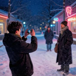 winter, attractive male taking a photo, neon light, painting by gaston bussiere, craig mullins, j. c. leyendecker