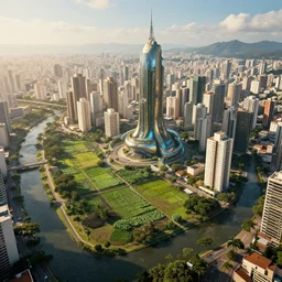 futuristic sao paulo, hyperdetailed, 8 k, volumetric light, farms and rivers around the city, solarpunk, sci fi, cinematic