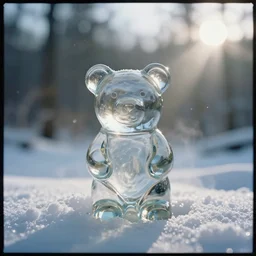 a 3 5 mm lomography long shot photo of melted clear fresnel chronic glass bear toy turbulence surface in the sunshine winter forest, falling winter snow are reflected in the glass bear, foggy bottom, god rays, ultrasharp, detailed, cinematic
