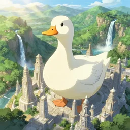 giant pure white duck god rules over ancient city, ancient city ruled by giant duck overlord, ancient city with tall marble buildings in an evergreen valley, several waterfalls, landscape, global illumination, morning light, radiant light, bird's eye view, by makoto shinkai and lois van baarle, ilya kuvshinov, rossdraws, tom bagshaw