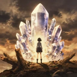 isekai masterpiece by mandy jurgens, by irina french, by rachel walpole, by alyn spiller anime woman standing tree log looking up at giant crystals, high noon, cinematic, very warm colors, intense shadows, ominous clouds, anime illustration, anime screenshot composite background