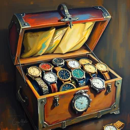 an impressionist painting of a treasure chest full of wristwatches - n 9