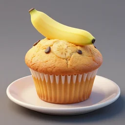 a 3 d model of a bananna muffin, rendered in blender, muffin on a plate, realistic texturing, shaders on, high res image, rtx on