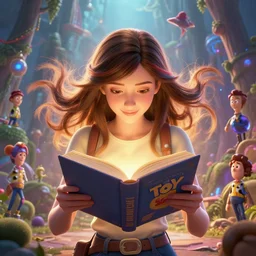 highly detailed portrait of beautiful girl reading a book in toy story 3, symmetric hands, dynamic pose, stephen bliss, unreal engine, fantasy art by greg rutkowski, loish, rhads, ferdinand knab, makoto shinkai and lois van baarle, ilya kuvshinov, rossdraws, tom bagshaw, global illumination, radiant light, detailed and intricate environment