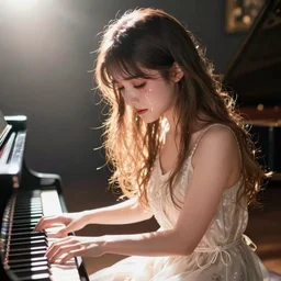a beautiful girl sitting at a grand piano, perspective piece, tearful and emotional, anime key visual