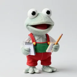 frog cleric as an albino chibi muppet plush made entirely from transparent egg white sheer fabric wearing red and green overalls and carrying a tiny sketch book and pencil, photorealistic, photography, national geographic, sesame street