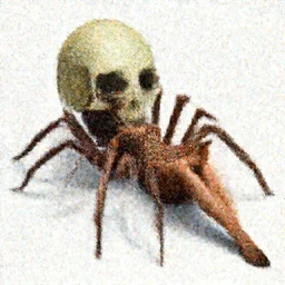 Skull that look too much like skull!, I have likened evolution to a search through a very large space of possible organism characteristics!!, an 8k CG character rendering of a spider-like hunting female on its back, fangs extended, wearing a leopard-patterned dress, set against a white background, with textured hair and skin.