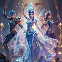 Cinematic stills from the Netflix original series Arcane and Dragon Prince crossover, full-body, bloom, dynamic poses, diaphanous cloth, intricate crystalline and feather jewelry, ornate, filigree, arcane, cinematic lighting, by WLOP!!!!!!!, by Fenghua Zhong, Maxfield Parrish!!!!, portfolio illustration, highly detailed, trending on Artstation, CGsociety, HQ, 8k, 35mm lens, f2.8, Bokeh,