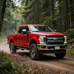 red Ford F-250 super duty pickup truck (2018), an epic fantasy, dramatic lighting, cinematic, establishing shot, extremely high detail, photorealistic, cinematic lighting, artstation, by simon stalenhag, driving on a forest trail