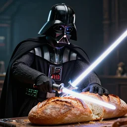 a photorealistic photograph of darth vader using his lightsaber to slice through a loaf of bread. illuminated scene. fine detail. this 4 k hd image is trending on artstation, featured on behance, well - rendered, extra crisp, features intricate detail, epic composition and the style of unreal engine.
