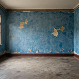 4k, highly detailed, sharp focus, A large empty room with old and torn blue wallpaper