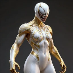 female white and gold venom, naturel, hyper detailed, digital art, trending in artstation, cinematic lighting, studio quality, smooth render, unreal engine 5 rendered, octane rendered, art style by klimt and nixeu and ian sprigger and wlop and krenz cushart