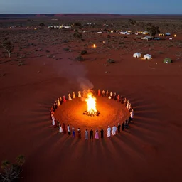 stunning night aerial photograph of small dancefloor on the edge of the red australian desert, bonfire, accurate bodies, campsites, diverse costumes, 8 k, ultra clear detailed