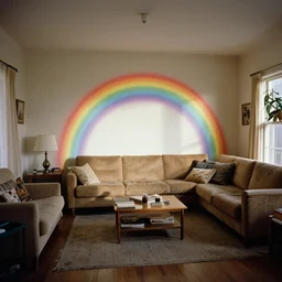 realistic documentary interior photo, of a rainbow inside a wooden living room, neutral colors, 1 9 9 0, life magazine reportage photo