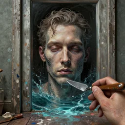 hypnagogic recollections from the waters of the unconscious, spray paint, pallet knife, a man's face, a mirror, a doorway threshold, hyper detailed, intricate detail, octane render