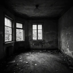 a very dark room in a derelict house, black and white, grungy