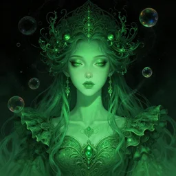 portrait of magical green dj , dark fantasy, gradient green black, dreamy and ethereal, (colour) eyes, one head, golden ratio, peaceful expression, ornate frilly dress, fantasy, intricate, elegant, rainbow bubbles, highly detailed, digital painting, artstation, concept art, smooth,b sharp focus, illustration, art by artgerm and greg rutkowski and alphonse mucha