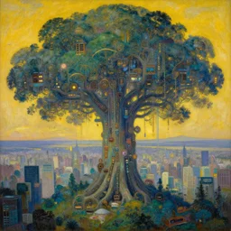 a neon robotic cyberpunk steampunk tree of life in nature, retrofuturistic japanese impressionism, huge city, oil on canvas, natural colors, horizon, golden hour, masterpiece, detailed, ethereal, megalophobia, by gustave caillebotte, wlop, mucha, greg rutkowski