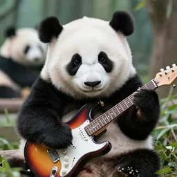 adorable panda cub playing electric guitar at the chengdu panda base exhibit, national geographic style
